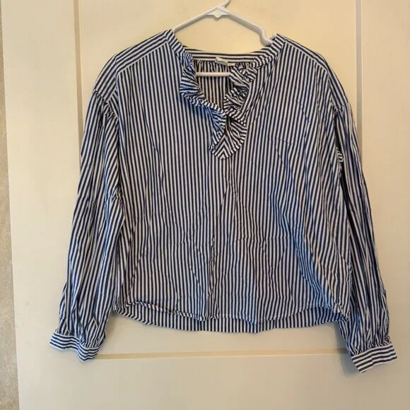 Gap Womens Blue & White Striped Long Sleeve Blouse S 100% Cotton Ruffle Neckline - Picture 10 of 10